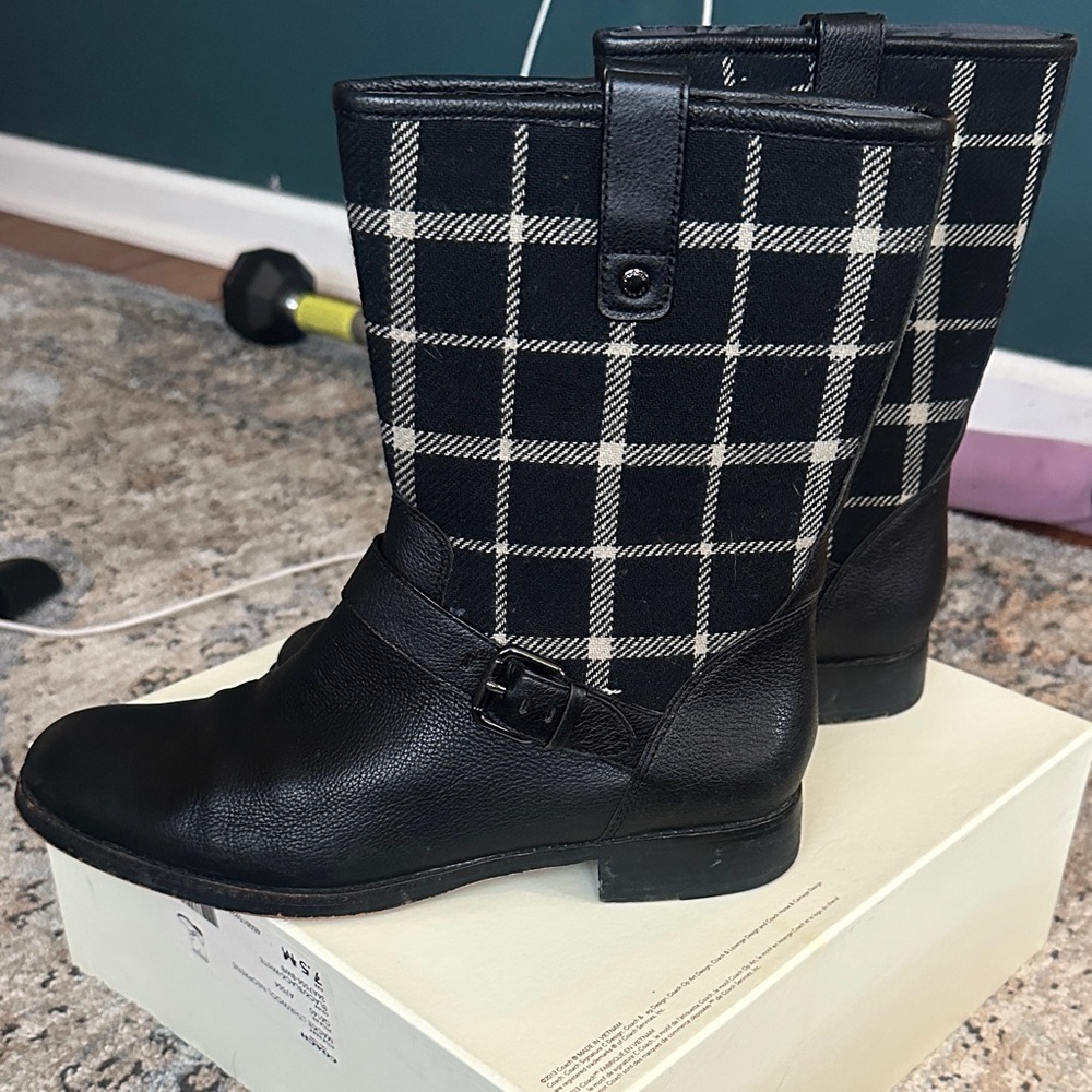 Coach Black and Cream Plaid Women's Boots